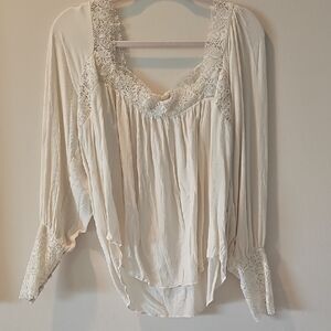 Free People Cream Lace Trim Blouse